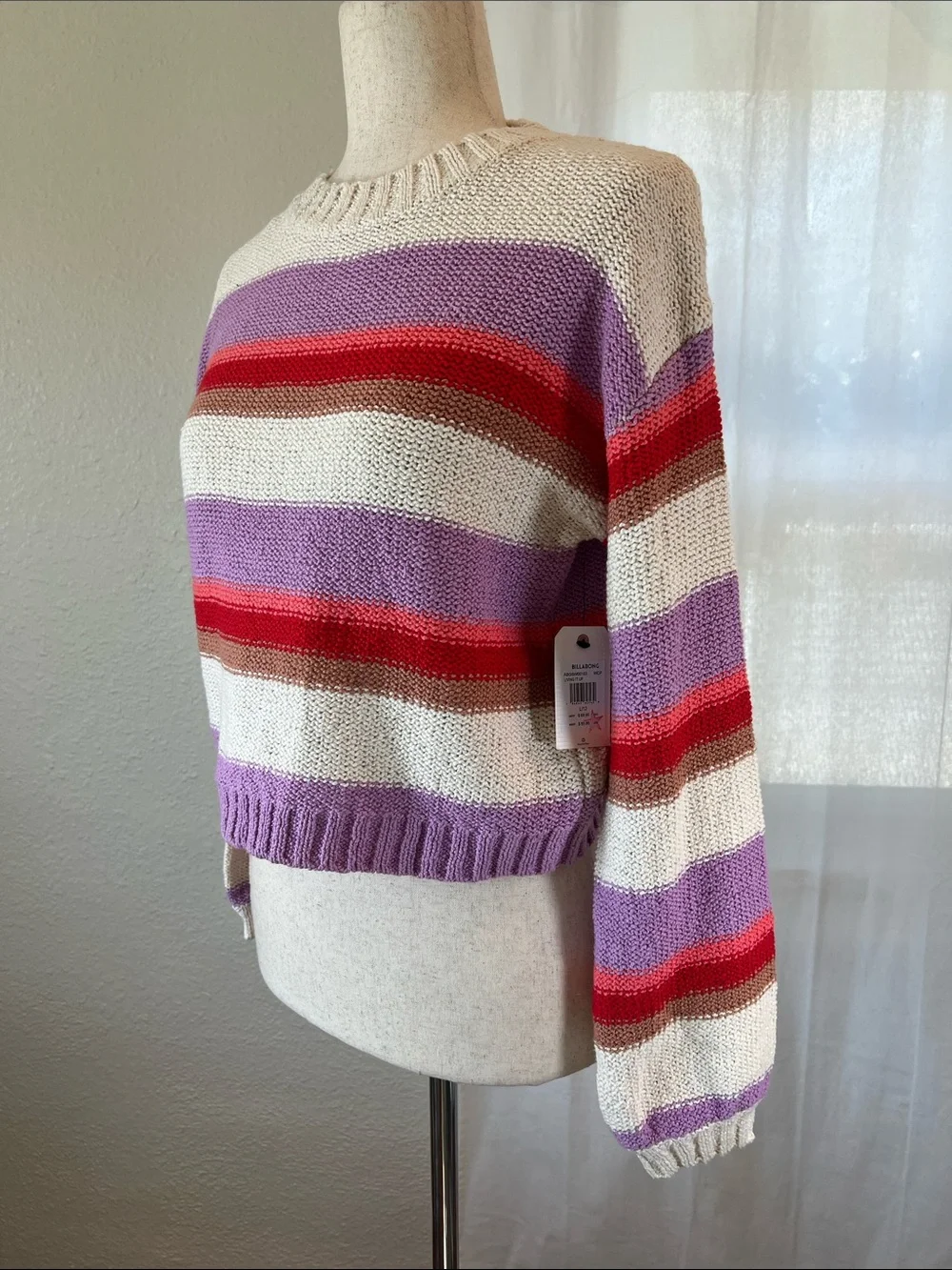 Billabong Striped Crewneck Sweater in Lavender, Red & Cream. Youth L. NWT
